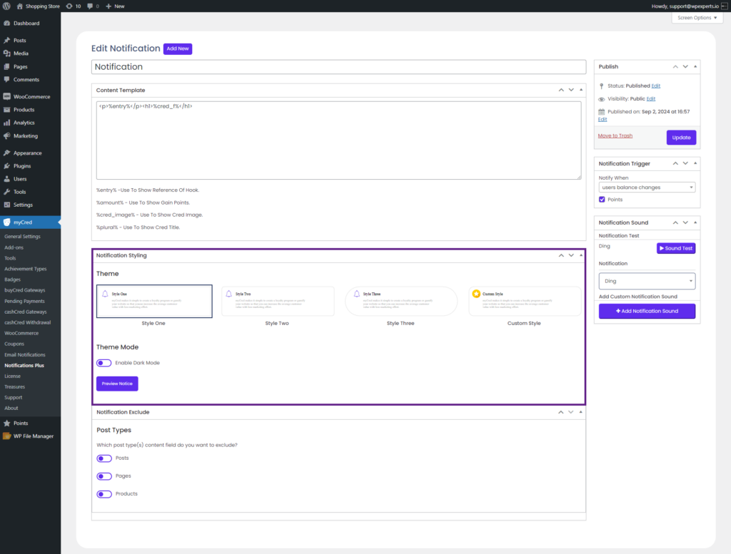 notification styling