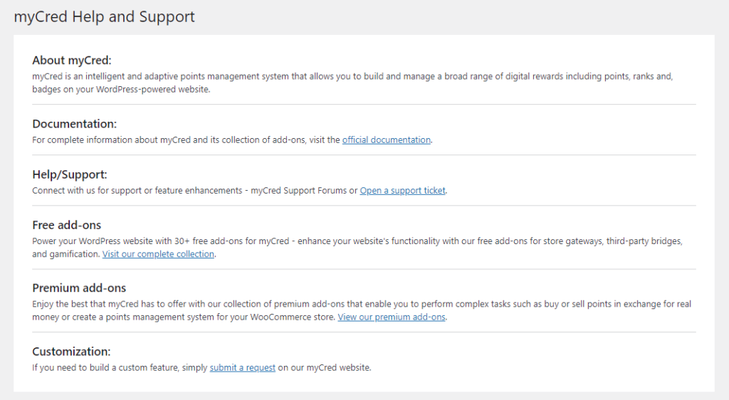 Support - myCred Documentation | myCred Codex