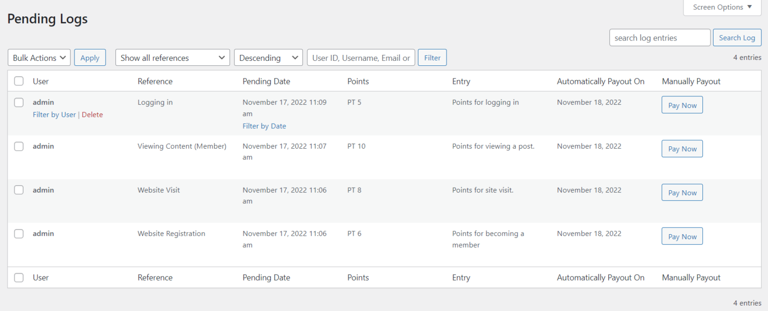 Pending Log myCred Documentation myCred Codex